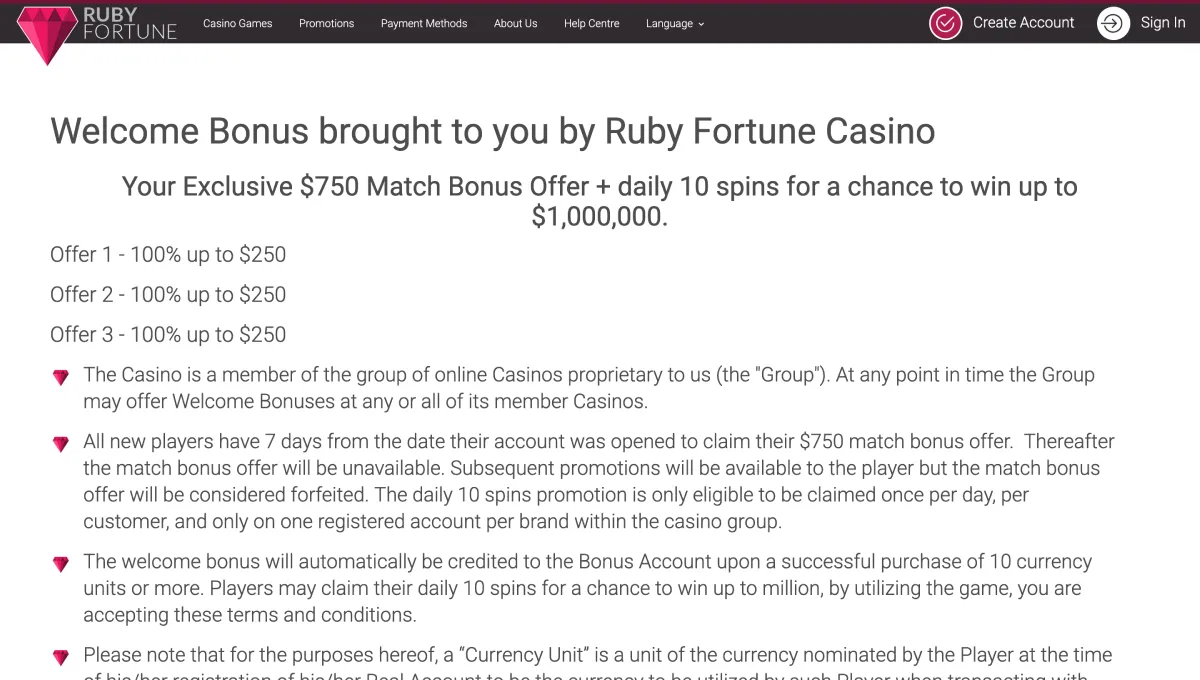 Deposit Bonuses at Ruby Fortune Online Casino