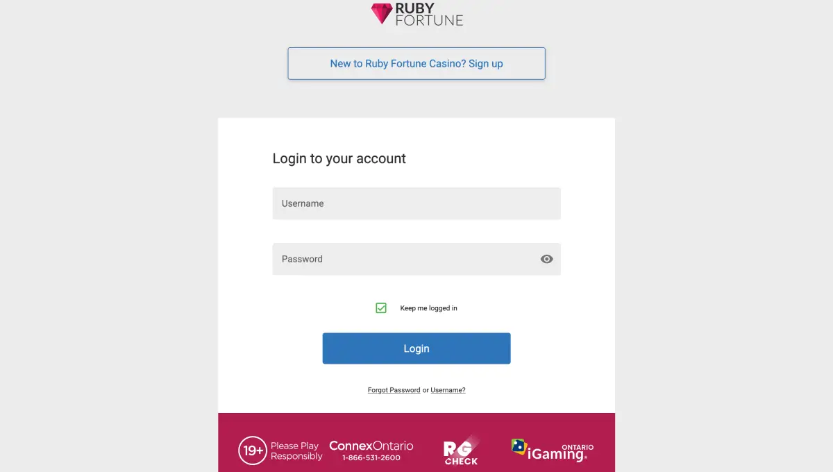 Log in to your Ruby Fortune casino account