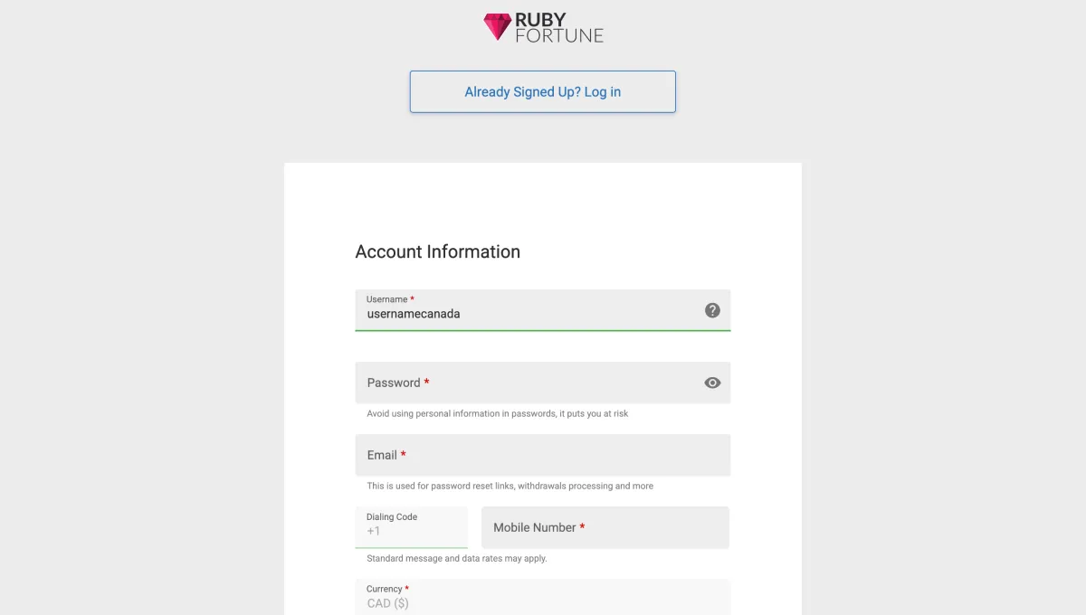 Sign up on the official Ruby Fortune casino website
